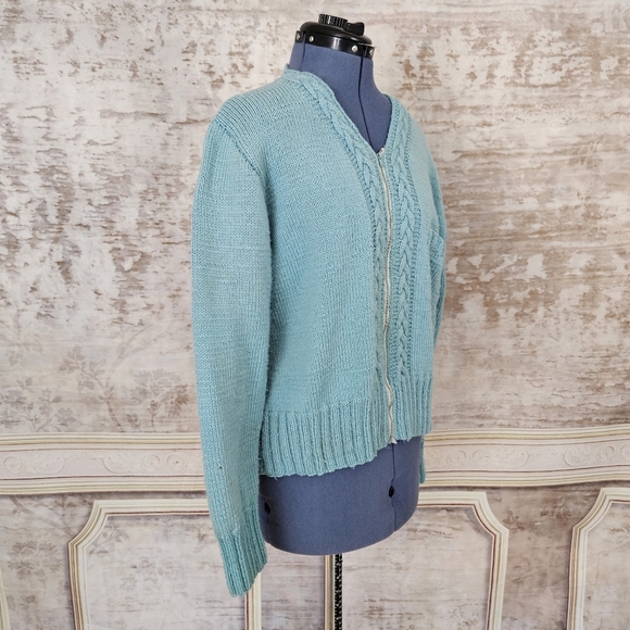 Vintage 1950s Cardigan Sweater Zipper Blue Acrylic Knit 50s Women's M - Picture 4 of 9